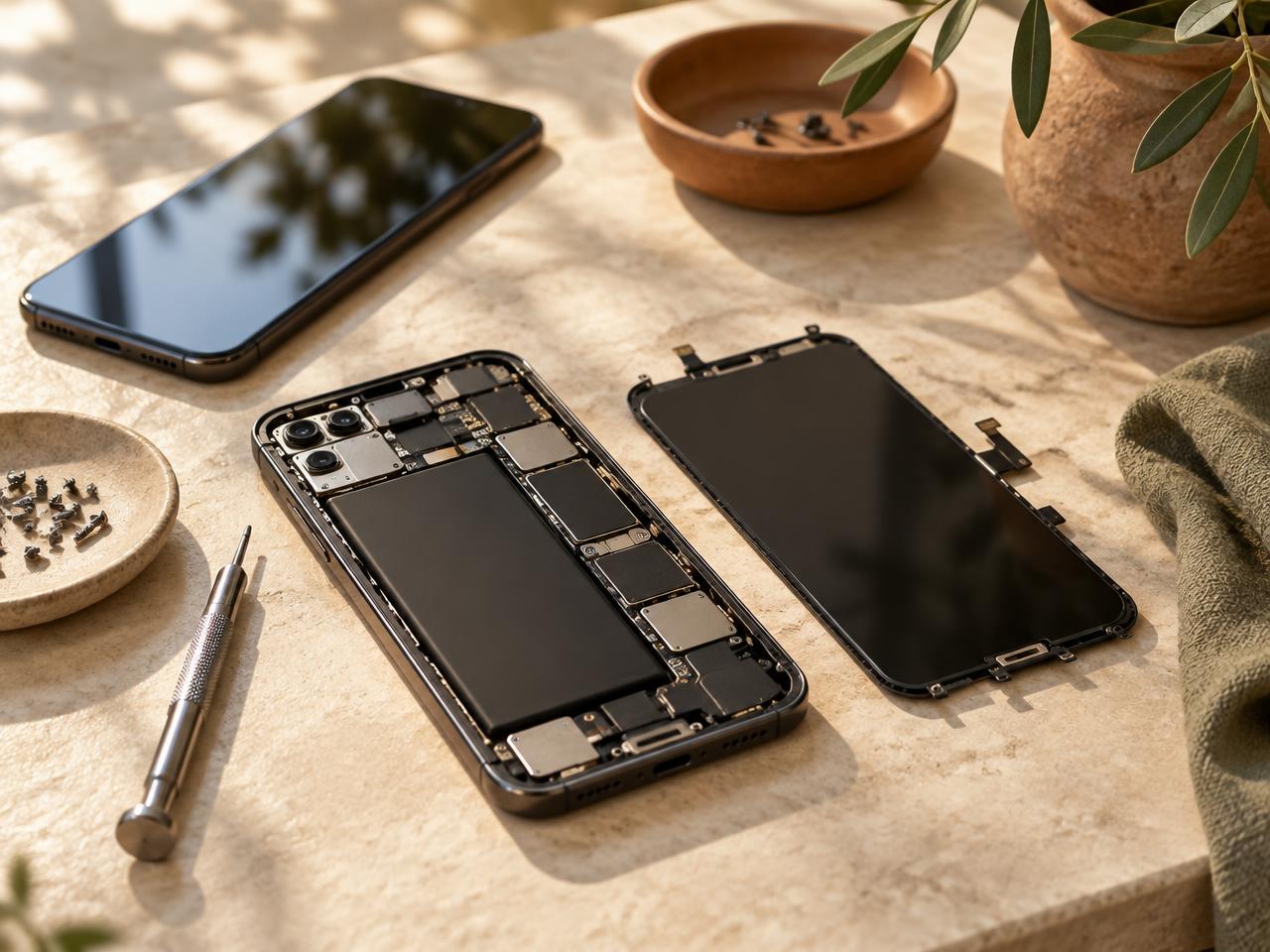 Smartphone ouvert et écran de remplacement sur un établi